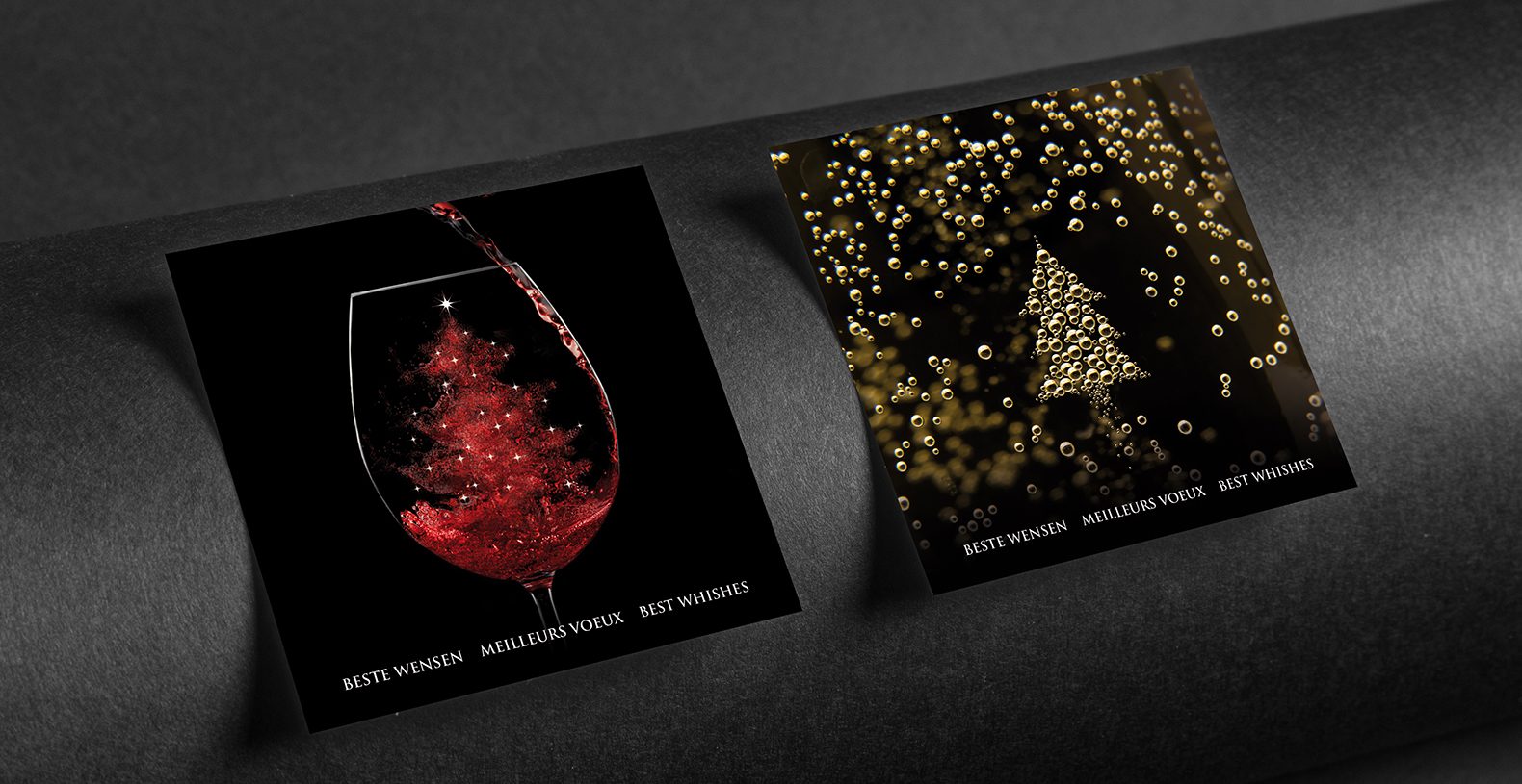 Mock-up of the two square business cards are on a black paper